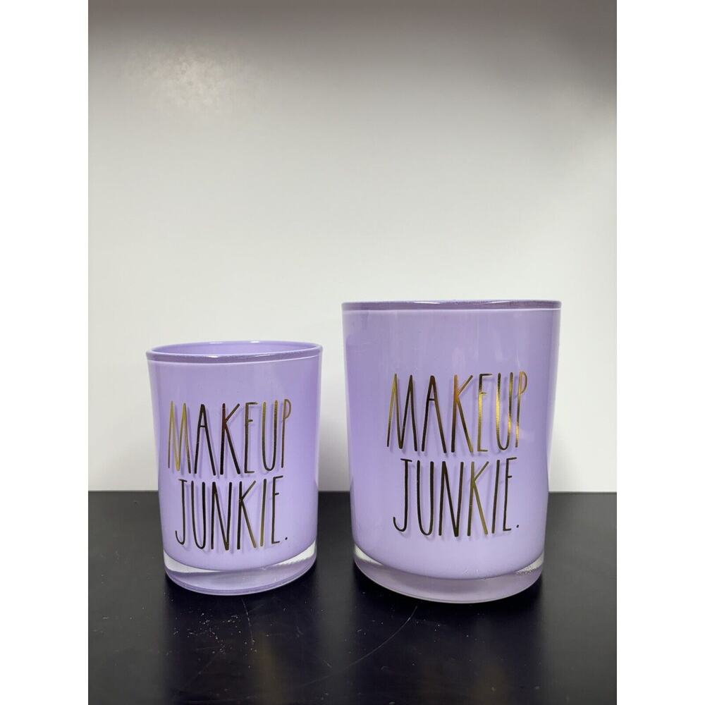 Rae Dunn MAKEUP BRUSHES Purple Glass Containers  with Gold Wording • Set‎ of 2